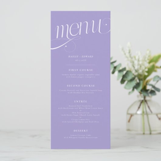 Elegante Werveling Paarse Huwelijksmenu Menu (Staand voorkant)