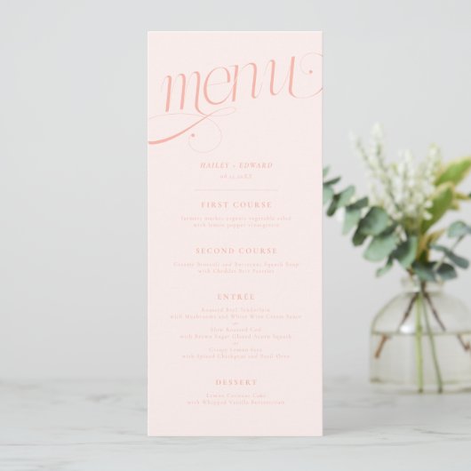 Elegante Werveling Perzik Huwelijksmenu Menu (Staand voorkant)