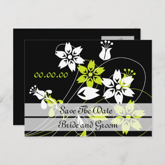 Elegante wervelingen en bloemen slaan de datum Bri Aankondigingskaart (Voorkant / Achterkant)