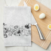 Elegante wervelingen  kant op witte damast theedoek (Quarter Fold)