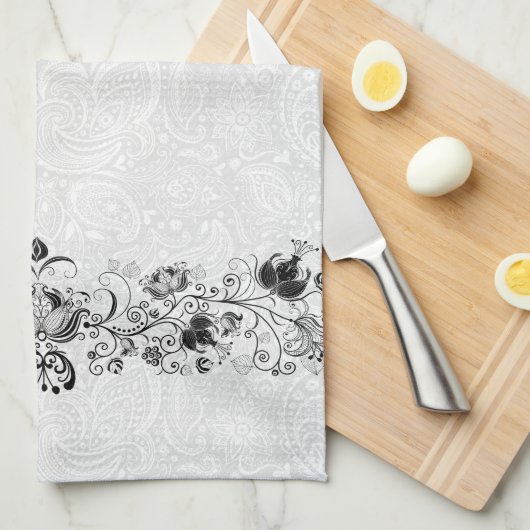 Elegante wervelingen  kant op witte damast theedoek (Quarter Fold)