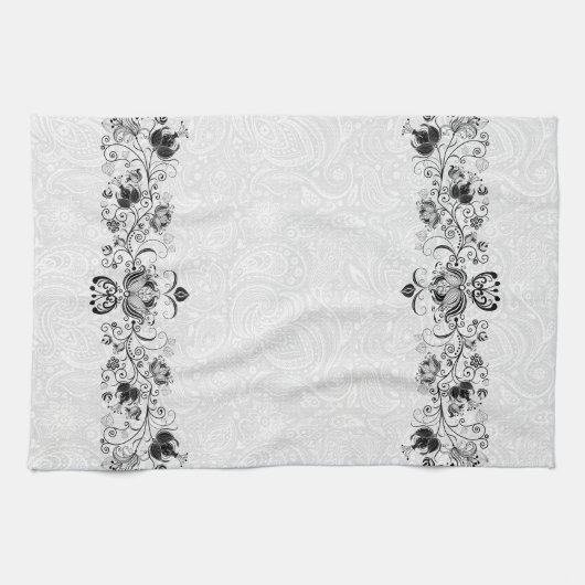 Elegante wervelingen  kant op witte damast theedoek (Horizontaal)