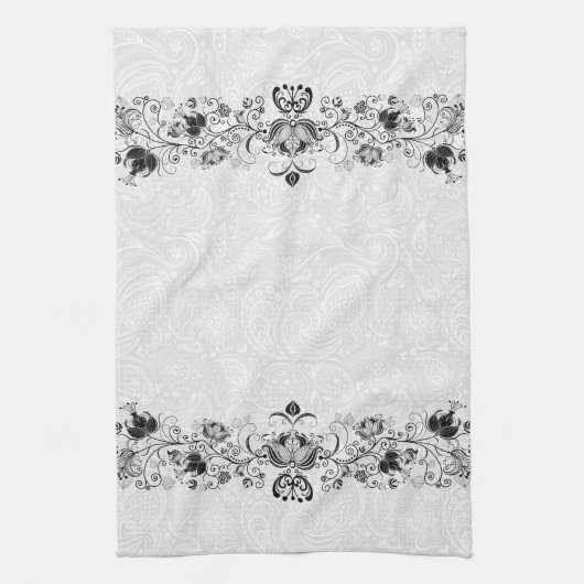 Elegante wervelingen  kant op witte damast theedoek (Verticaal)