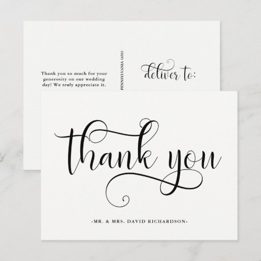 Elegante wervelingen | Zwart-wit bruiloft bedankt Briefkaart (Voorkant / Achterkant)