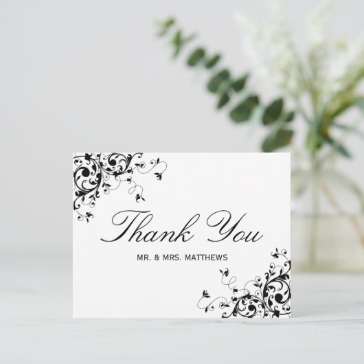 Elegante wervelingen zwart & wit bruiloft dank u briefkaart (Staand voorkant)