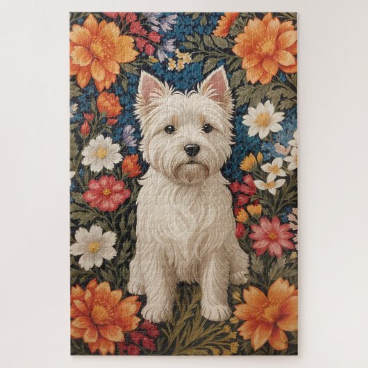 Elegante West Highland Terrier Kleurrijke Bloemen Legpuzzel (Verticaal)