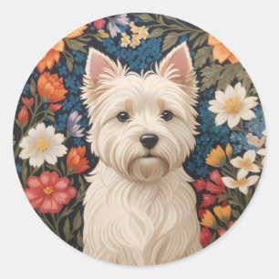 Elegante West Highland Terrier Kleurrijke Bloemen Ronde Sticker