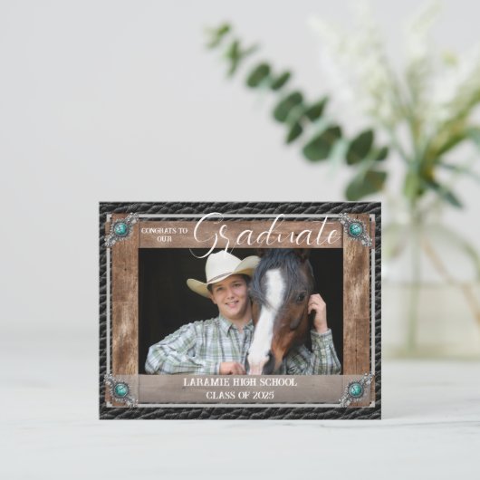 Elegante Westerne stijl Leather Photo Afstuderen Aankondiging (Staand voorkant)