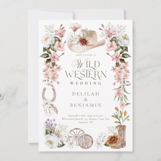 Elegante Westerne Waterverf Floral Cowboy bruiloft Kaart (Voorkant)