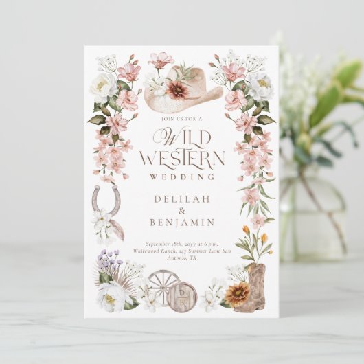 Elegante Westerne Waterverf Floral Cowboy bruiloft Kaart (Staand voorkant)