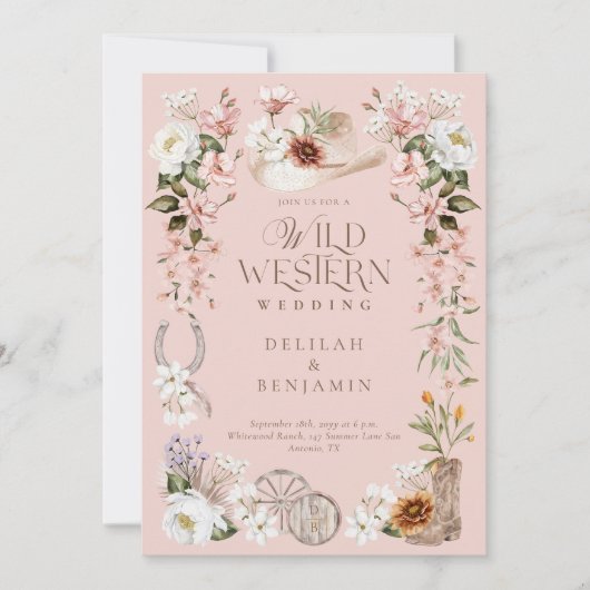 Elegante Westerne Waterverf Floral Cowboy bruiloft Kaart (Voorkant)
