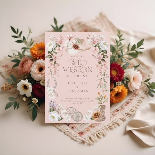 Elegante Westerne Waterverf Floral Cowboy bruiloft Kaart