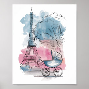 Elegante Whimsical Baby Shower Paris Baby Karretje Poster
