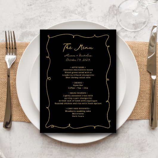 Elegante  Whimsical Zwart en Gouden Bruiloft Menu