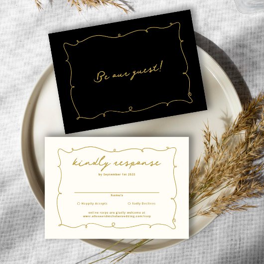 Elegante  Whimsical Zwart en Gouden Bruiloft RSVP Kaartje