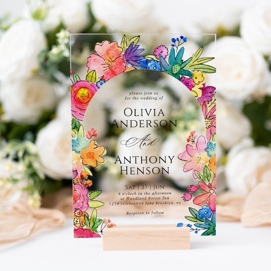 Elegante Whimsy Bold Bloemen Waterverf bruiloft Acryl Uitnodigingen
