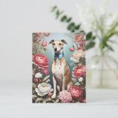 Elegante Whippet Roze Pioen Bloemen Blauwe achterg Briefkaart (Staand voorkant)