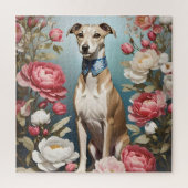 Elegante Whippet Roze Pioen Bloemen Blauwe achterg Legpuzzel (Verticaal)