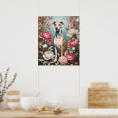 Elegante Whippet Roze Pioen Bloemen Blauwe achterg Poster (Keuken)