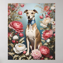 Elegante Whippet Roze Pioen Bloemen Blauwe achterg