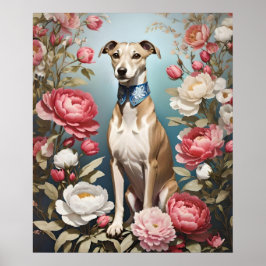 Elegante Whippet Roze Pioen Bloemen Blauwe achterg Poster