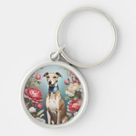 Elegante Whippet Roze Pioen Bloemen Blauwe achterg Sleutelhanger