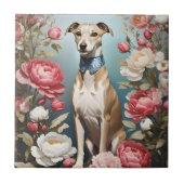 Elegante Whippet Roze Pioen Bloemen Blauwe achterg Tegeltje (Voorkant)