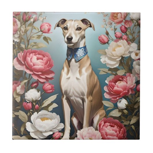 Elegante Whippet Roze Pioen Bloemen Blauwe achterg Tegeltje (Voorkant)