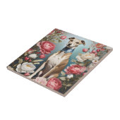 Elegante Whippet Roze Pioen Bloemen Blauwe achterg Tegeltje (Zijkant)