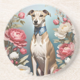 Elegante Whippet Roze Pioen Bloemen Blauwe achterg Zandsteen Onderzetter