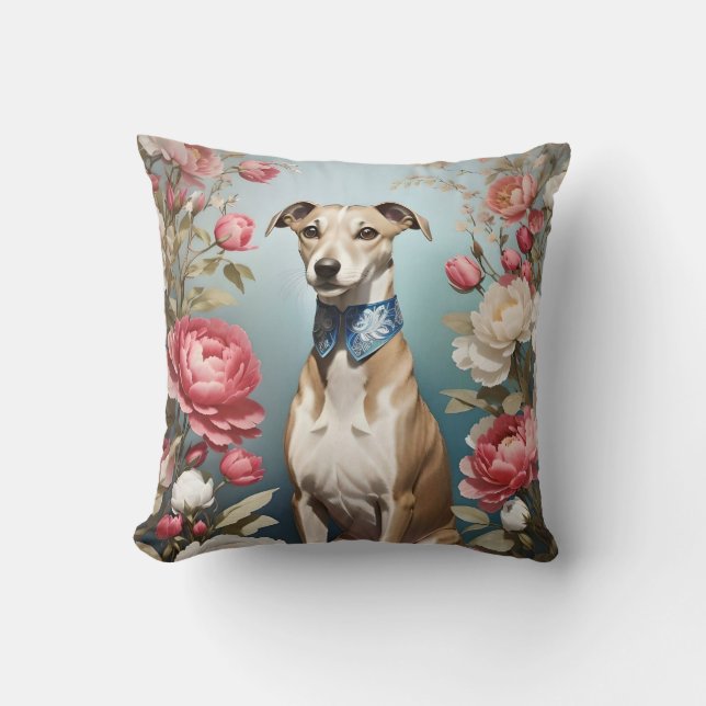 Elegante Whippet Roze Pioen Bloemen Kussen (Voorkant)