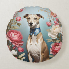 Elegante Whippet Roze Pioen Bloemen Rond Kussen