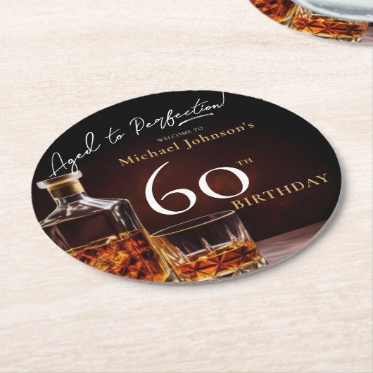 Elegante Whiskey Zwart Goud 60e Verjaardagsfeestje Ronde Kartonnen Onderzetter (Gebogen)