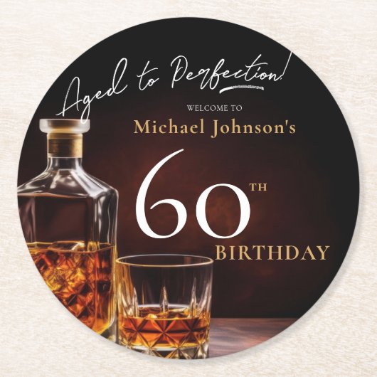 Elegante Whiskey Zwart Goud 60e Verjaardagsfeestje Ronde Kartonnen Onderzetter (Voorkant)