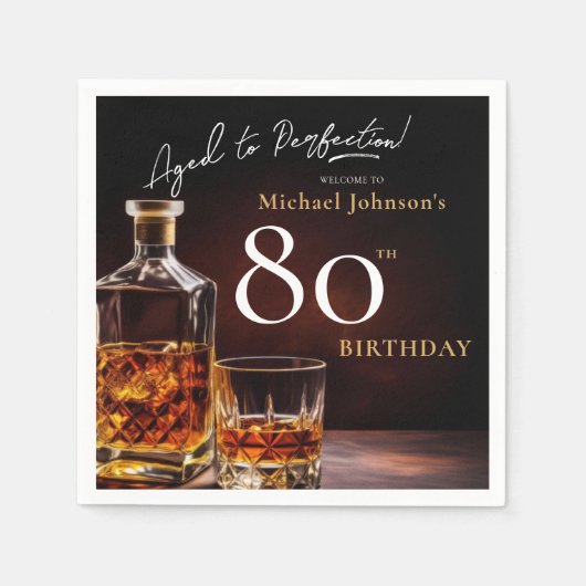 Elegante Whiskey Zwart Goud 80ste Verjaardag Party Servet (Voorkant)