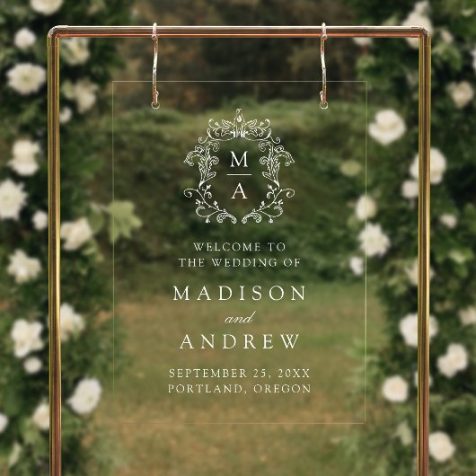 Elegante White Crest Monogram Huwelijk Welkom Acryl Bord