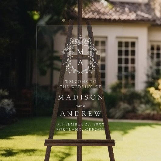 Elegante White Crest Monogram Huwelijk Welkom Acryl Bord