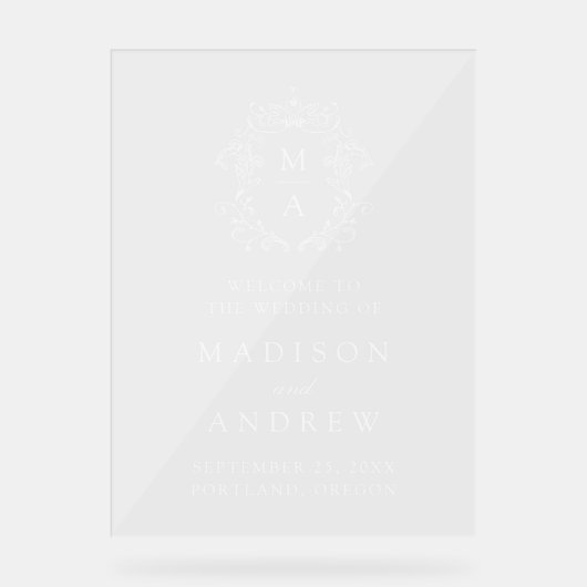Elegante White Crest Monogram Huwelijk Welkom Acryl Bord (Voorkant)