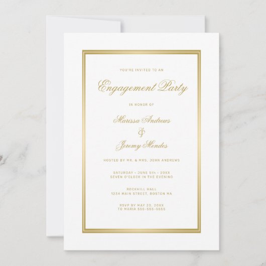 Elegante White Gold Script Engagement Party Kaart (Voorkant)