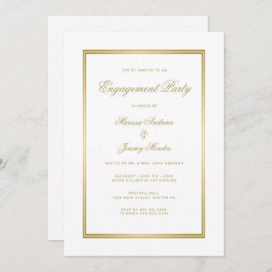 Elegante White Gold Script Engagement Party Kaart (Voorkant / Achterkant)