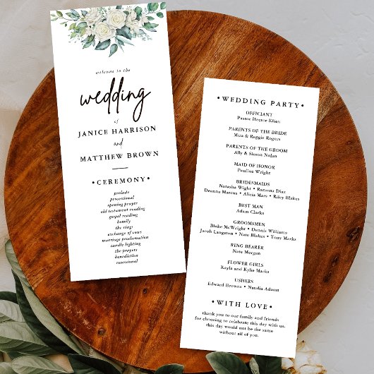 Elegante White Rose Greenery Bloemen Trouwprogramm