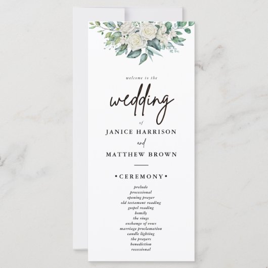 Elegante White Rose Greenery Bloemen Trouwprogramm (Voorkant)