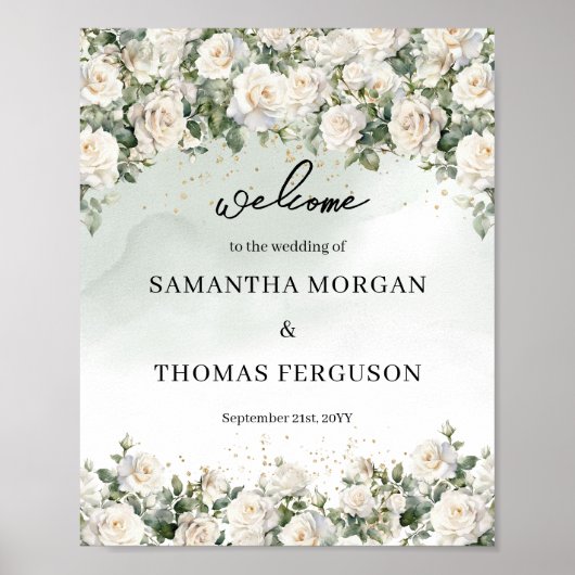 Elegante White Roses Greenery gouden bruiloft welk Poster (Voorkant)
