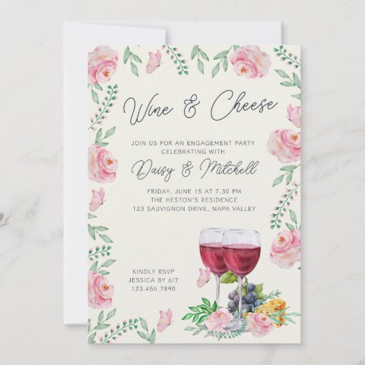 Elegante wijn en kaas bloemenverlovingsfeest kaart (Voorkant)