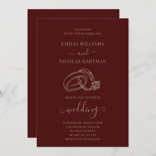 Elegante Wijn Rode Minimalistische Bruiloft Uitnod Kaart (Voorkant / Achterkant)