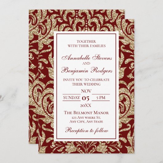 Elegante Wijn Rood en Goud Faux Glitter Bruiloft Kaart (Voorkant / Achterkant)