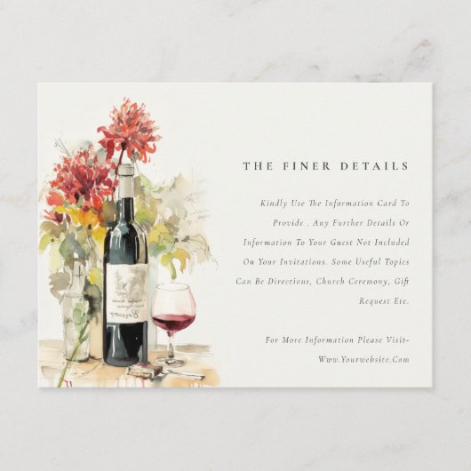 Elegante Wijn Rood Geel Bloemen Bruiloft Details Informatiekaartje (Voorkant)