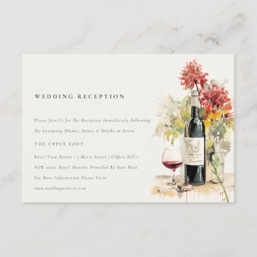 Elegante wijn rood geel bloemenbruiloft receptie informatiekaartje (Voorkant)