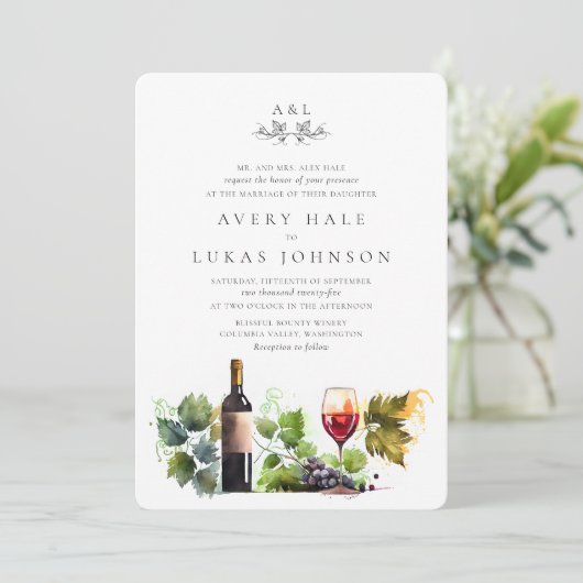Elegante wijngaard bruiloft uitnodiging (Staand voorkant)