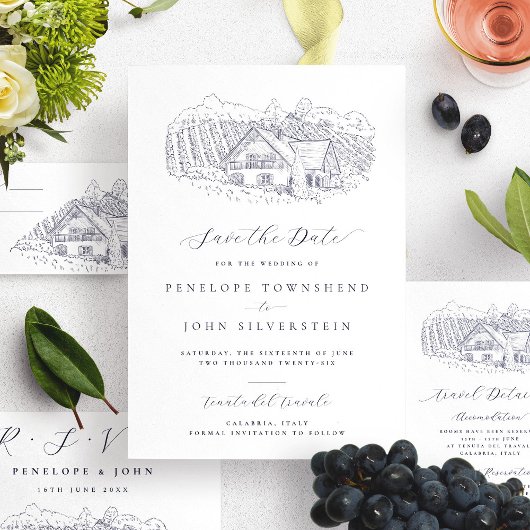 Elegante wijngaard illustratie bestemming bruiloft save the date